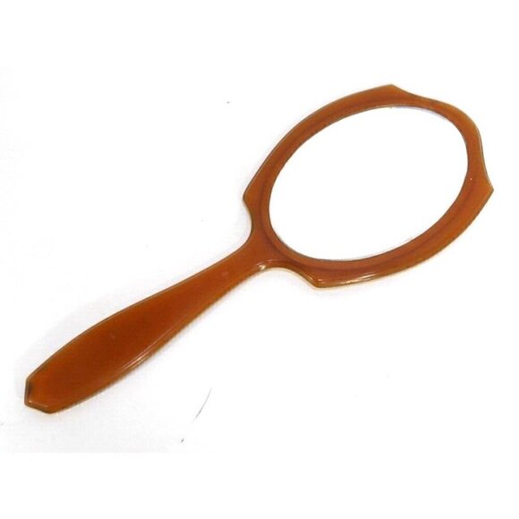 Green-ish beige celluloid plastic hand mirror 13.25" long, 4.75" wide 1930's - Picture 2 of 2